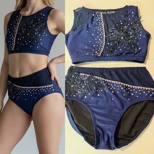 Patrick J designs solo custom dance costume 2 piece navy illusion stoned MA adu